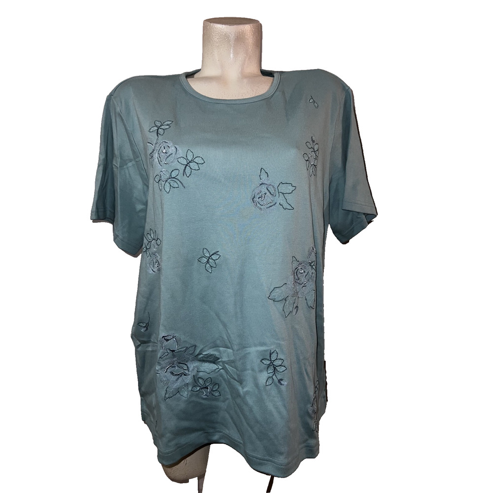 New CLASSIC ELEMENTS Top Women's Sz 20/22W Tealrose Embroidered Flowers SS Shirt